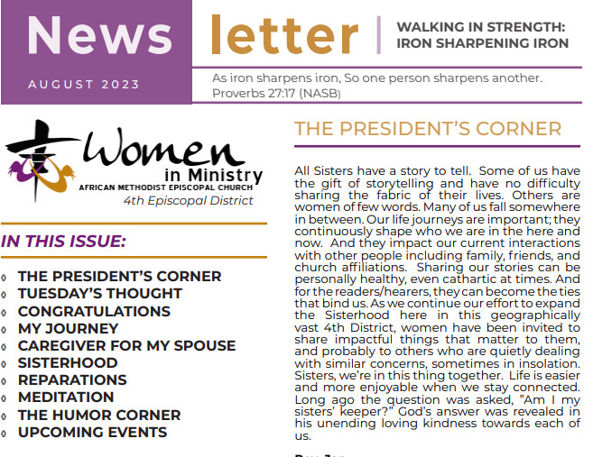 Heading, graphic and table of contents for the AME 4th District Women in Ministy August 2023 newsletter. Contents include the word "Reparations."
