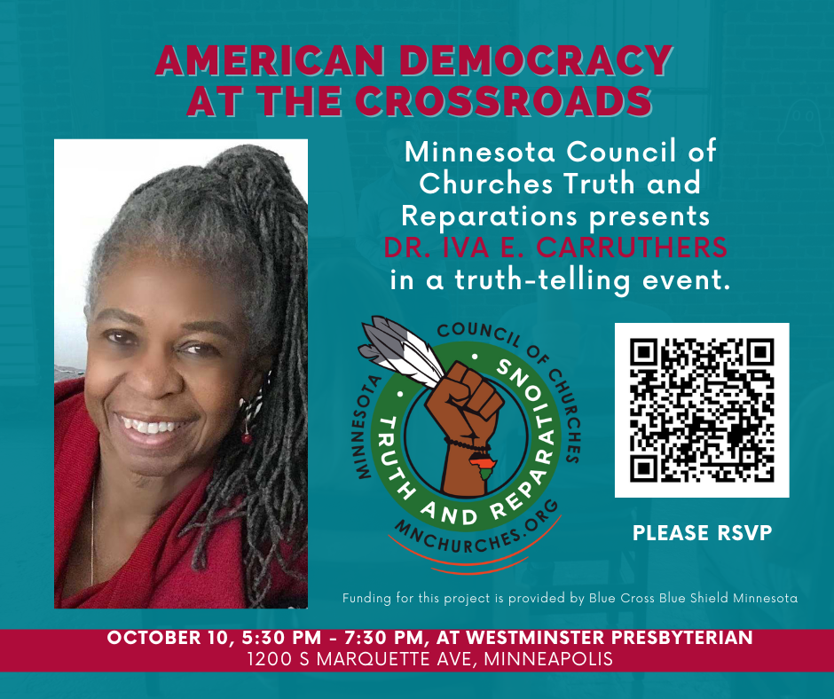 A black woman with long braided grey hair smiles at the viewer; a graphic centers a brown holding feathers and adorned with a Minnestota-shaped pendant on a bracelet; with the words Minnesota Council of Churches Truth & Reparations