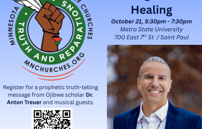 graphic includes MN Council of Churches Truth & Reparations logo, photo of an indigenous man in a navy blue blazer, large white and orange round decorative bead pendant on his chest, and graying ponytail, smiling brilliantly to the viewer, and event deets