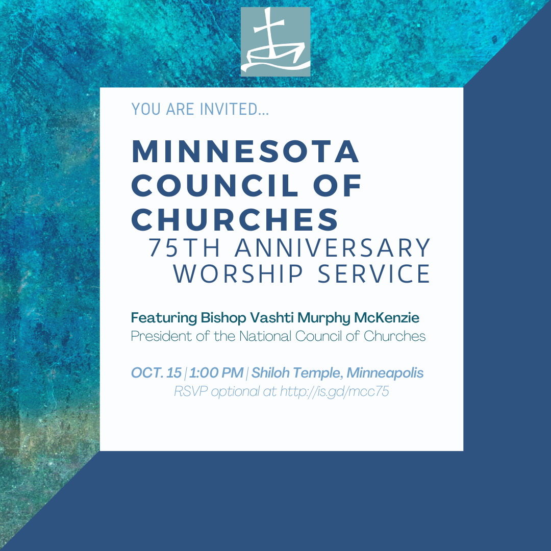 Graphic advertising the annivesary worship service and providing a link to RSVP for the October 15 event at Shiloh Temple in Minneapolis