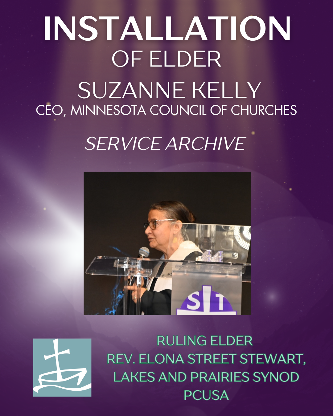 Video title card has purple background; image of a women preaching behind a pulpit looking to her right