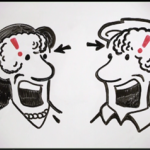 On a whiteboard, a drawing of a man's face and a woman's face yelling at each other. Lightning is coming from each one's mouth. Their brains are also drawn, with exclamation marks over each. There is a fading purple border to the rectangular image.