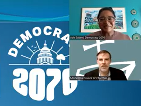 With a blue background and a white logo reading "Democracy 2076," a graphic features foreground images of a black woman with glasses and black hair and, the image beneath hers, a white man with brown hair and a dark blazer. Both look at the viewer, like a Zoom screen capture where they have been talking with each other.